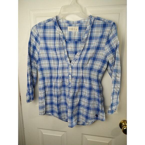 abercrombie and fitch V Button Blue Plaid Button Sleeve Blouse. Size L - Picture 1 of 9